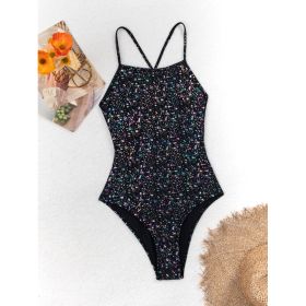 Women's Black Holographic Sparkle One-Piece Swimsuit, Crisscross Back Strappy Bathing Suit (Option: S)