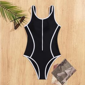 Women's Black One-Piece Swimsuit With White Contrast Trim, Zip-Front Sporty Bathing Suit, Racerback (Option: S)